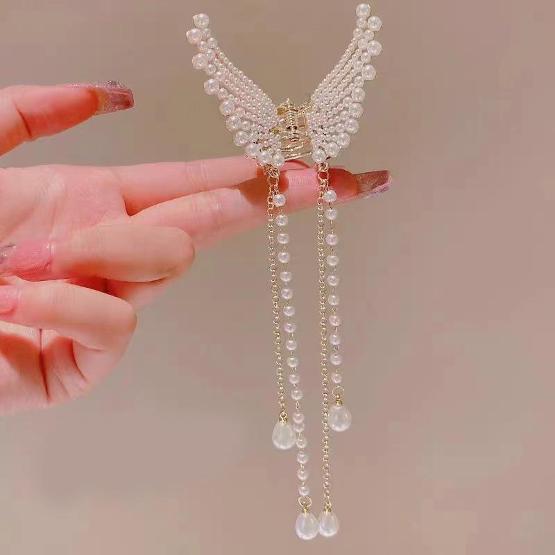 Super Fairy Butterfly Tassel Grab with Diamond Pearl Angel Wings Back Head Hair Grab Female Summer Half Tie Hair Artifact