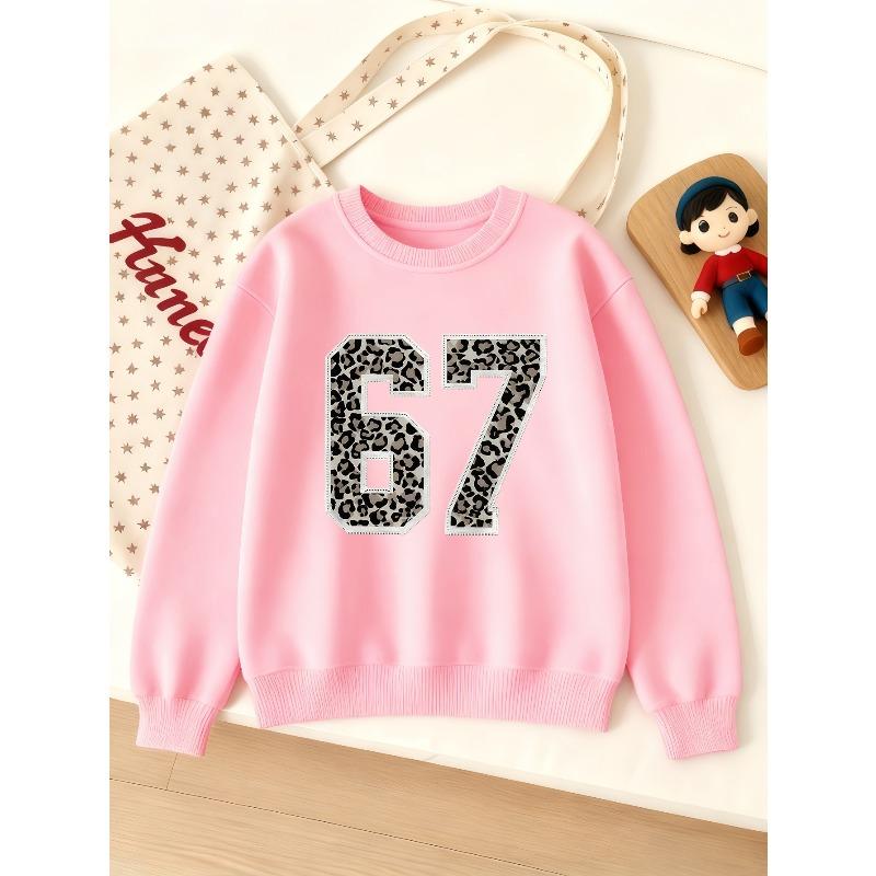 Kids Unisex Crewneck Sweatshirt, Leopard Print Stitched Outline Varsity 67 Number Long Sleeve Pullover,  Sweatshirt for Boys Girls Over 4 Years Old