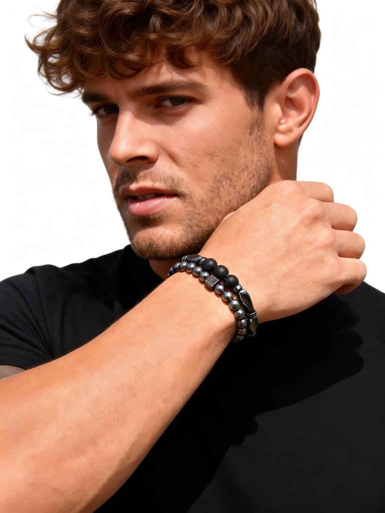 2pcs Hematite Bracelet for Men Boys,Black Gallstone Elastic Beaded Bracelet,Yoga Healing Jewelry Gift
