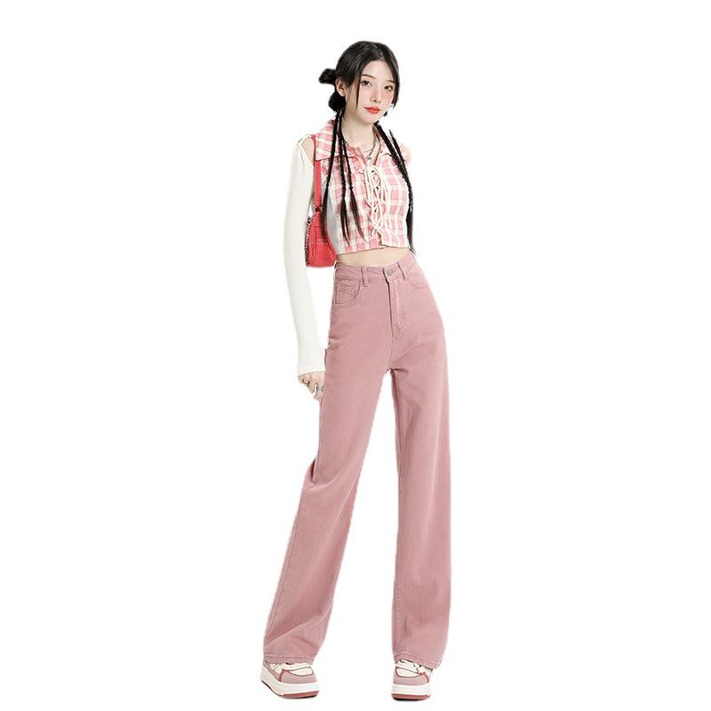 Women's High Waist Dirty Pink Wide-Leg Jeans - Slim and Loose Fit, Early Autumn 2024