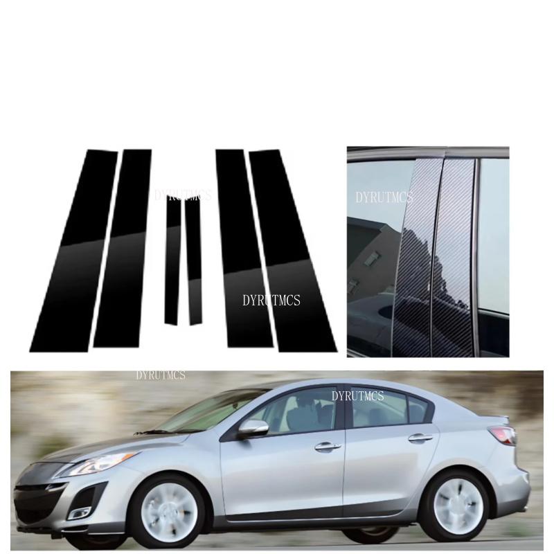6PCS Glossy Black Pillar Posts Fit For Mazda 3 BL Sedan 2009 2010 2011-2013 Car Door Side Window Decal Trim Cover Silver Carbon