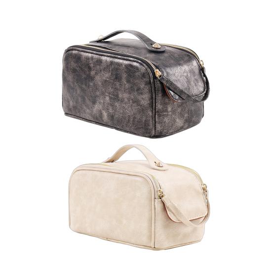 Faux Leather Travel Makeup Bag for Women Large Capacity Cosmetic Organizer Vintage Waterproof Toiletry Pouch with Handle
