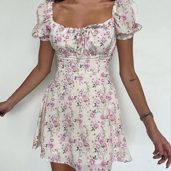 Women Dress Square Neck Elastic Vintage High Waist Pullover Refreshing Flower Print