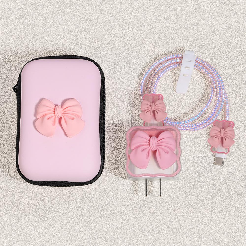 Korea Cute 3D Love Heart+EVA Storage Bag Set Charger Cover For iPhone 11 12 13 14 15 16 Pro Max 18W-20W Charge Protection Sleeve