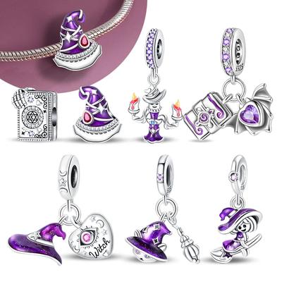 Real Copper Purple Flying Witch Hat & Magic Book Designer Charms Beads Fits Original Arm Bracelet Do-It-Yourself Halloween Charm For Women Gifts