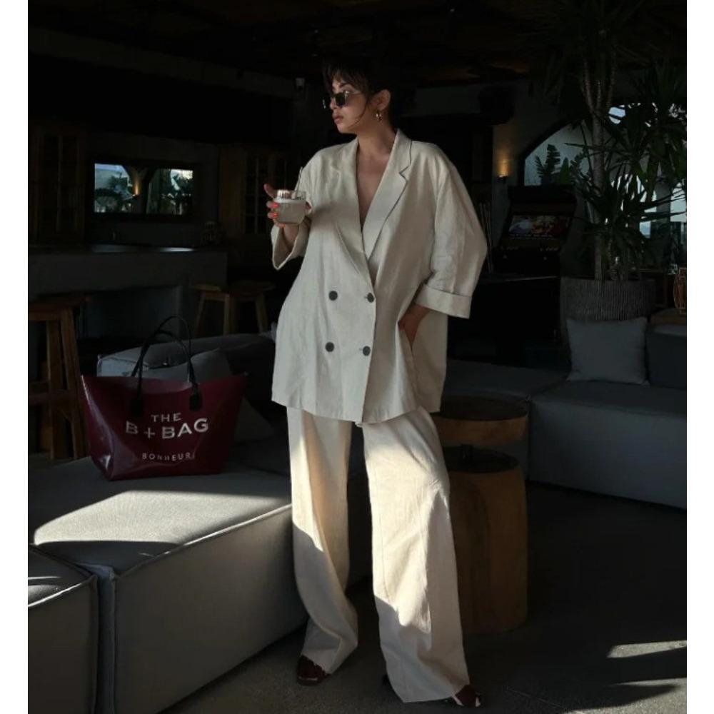 VAYLA Autumn Women Casual Blazer Coat Pants Set Long Sleeve Double Breasted Blazer + Wide Leg Trousers Lady Office Outfit