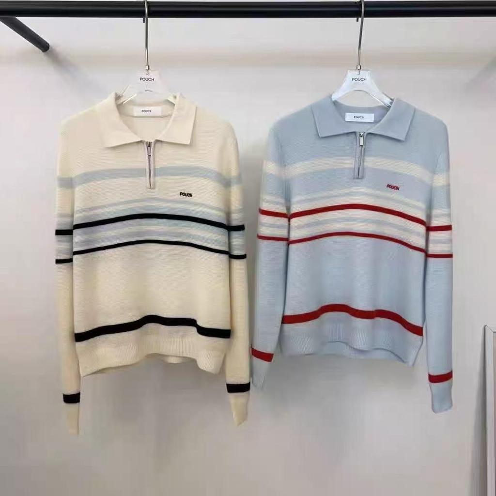 Women's Autumn/Winter 2025 Striped Polo Neck Zipper Knitwear