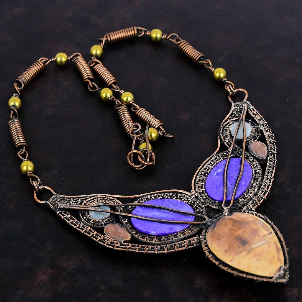 Purple Carved Bone Face Necklace Charoite Necklace Copper Wire Wrapped Necklace Adjustable Chain Necklace Rainbow Moonstone Gemstone Jewelry