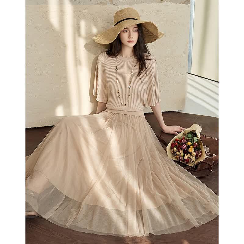 Women's Summer Ribbed Top & Knit Skirt Set