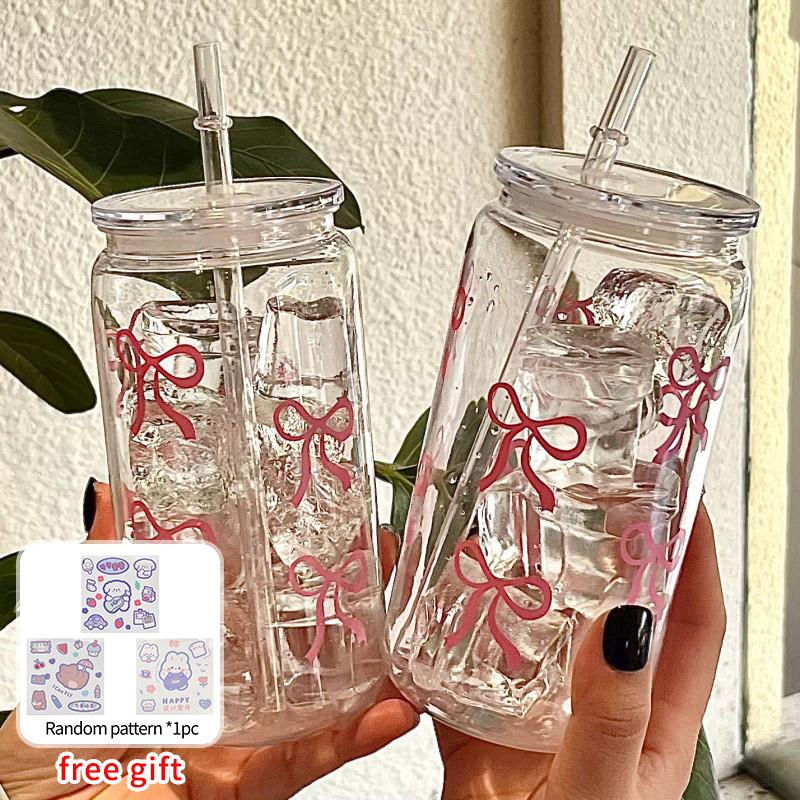 500ml/16oz Cute Bow Glass Cup Tumbler Summer Water Bottle Bow With Lids Straw Coffee Cups for Bubble Tea Iced Coffee Juice Cup