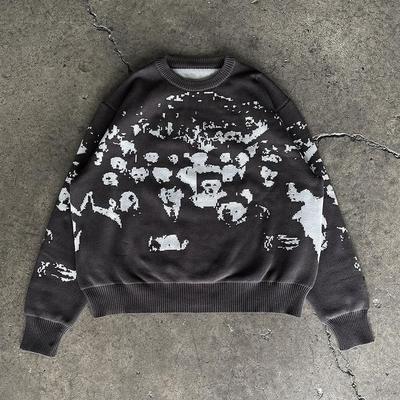 Unisex Oversized Knit Sweater With Vintage Crochet Cartoon Print Relaxed Fit Streetwear Pullover Winter