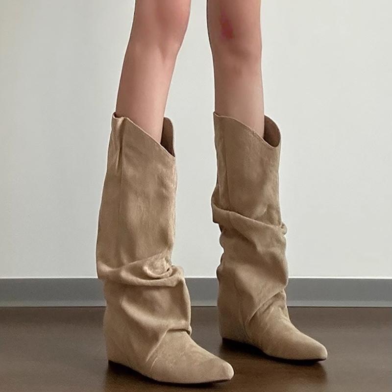 Fashion Autumn Winter Pleated Women Western Cowboy Boots Internal Elevation Knight Booties Zapatos De Mujer
