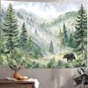 Mountain Forest Tapestry, Bear And Misty Foggy Watercolor Scenery Art Wall Hanging, Nature Scenery Tapestry For Bedroom Living