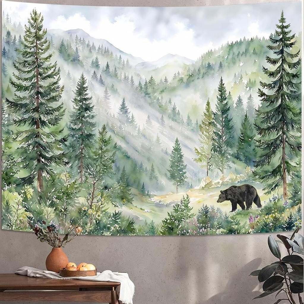 Mountain Forest Tapestry, Bear And Misty Foggy Watercolor Scenery Art Wall Hanging, Nature Scenery Tapestry For Bedroom Living