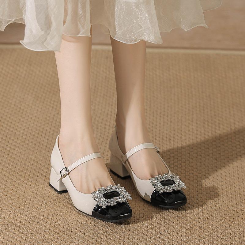 Spring and Summer New Mary Jane Rhinestone Square Head Thick Heel Single Shoes Women's Burgundy Bridal Wedding Shoes