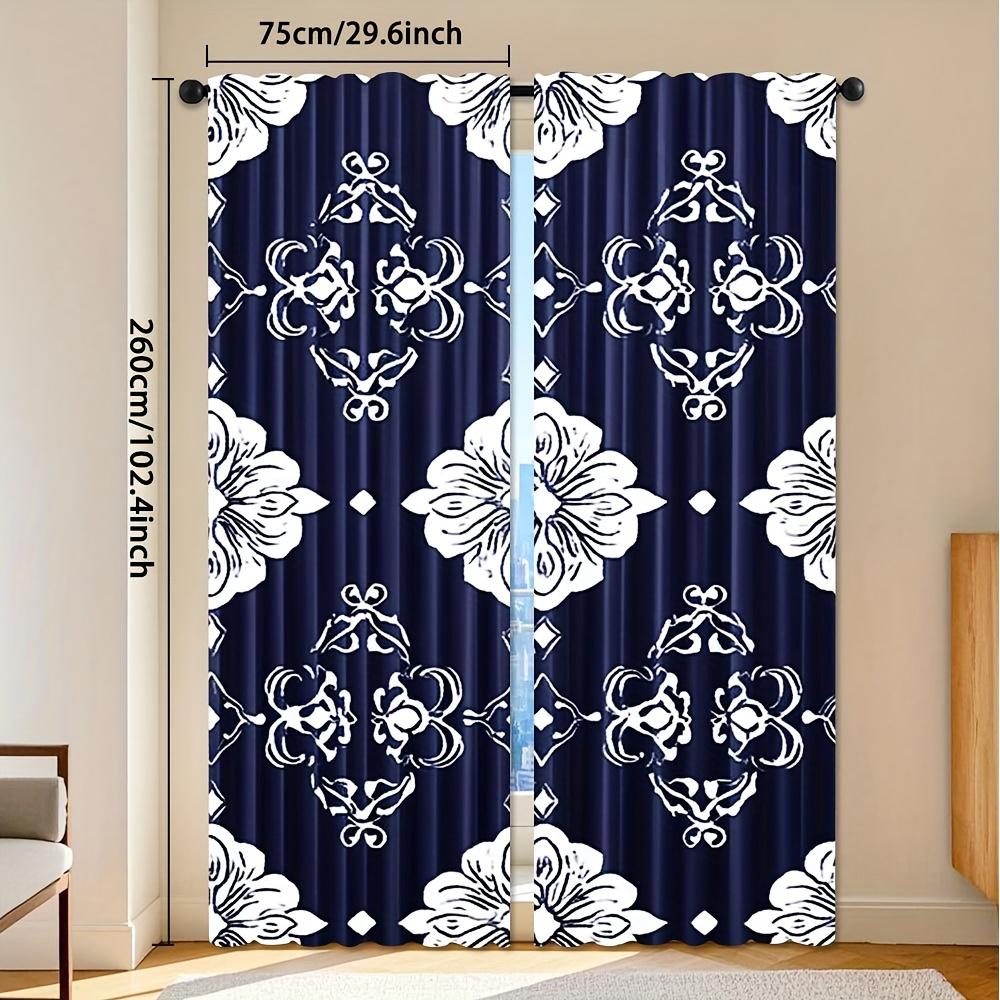 2pcs Navy Blue Floral Print Curtains - Light Filtering Polyester Rod Pocket Drapes for Bedroom   Living Room & Office Decor   All-