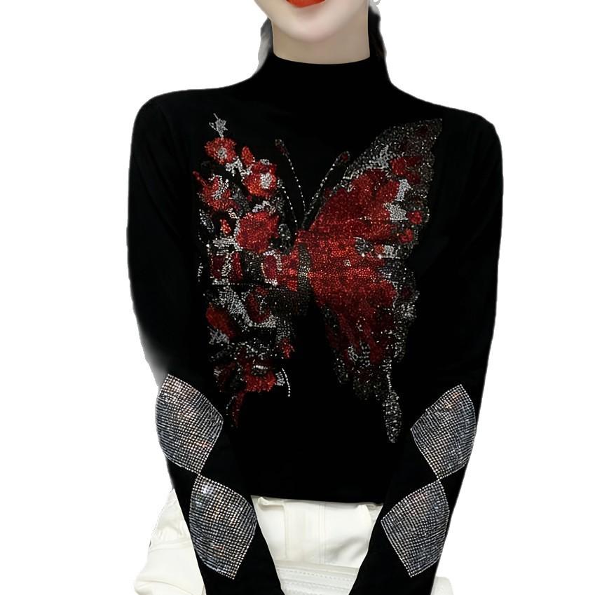 Elegant Shiny Rhinestone Long-Sleeve Top for Women - Autumn/Winter Style, Versatile Half-High Collar Base Layer