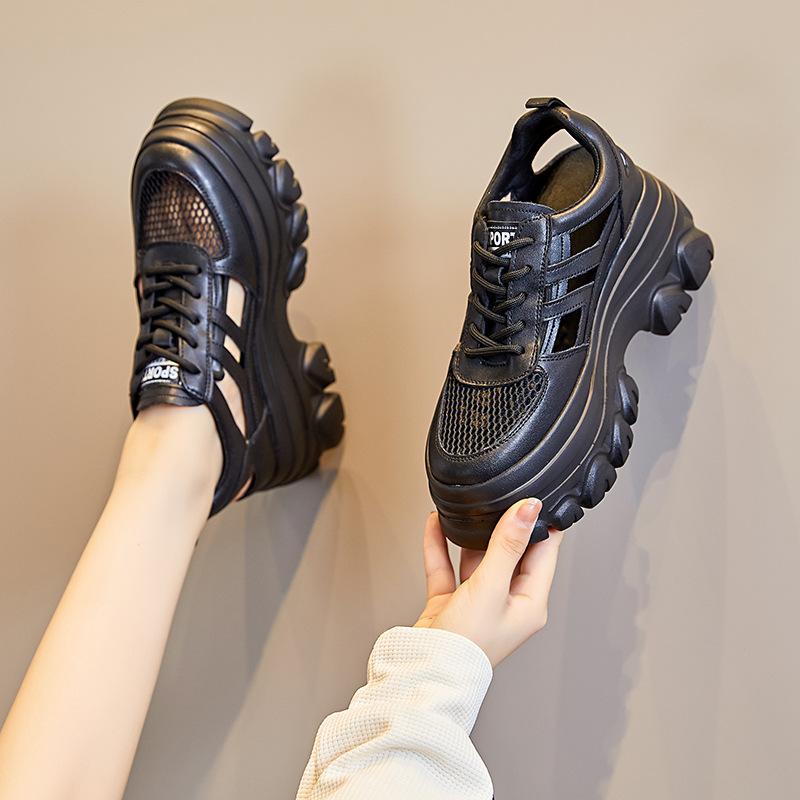 Leather hollow platform sandals women's summer trend versatile height increase strap comfortable women's net shoes one piece 2025