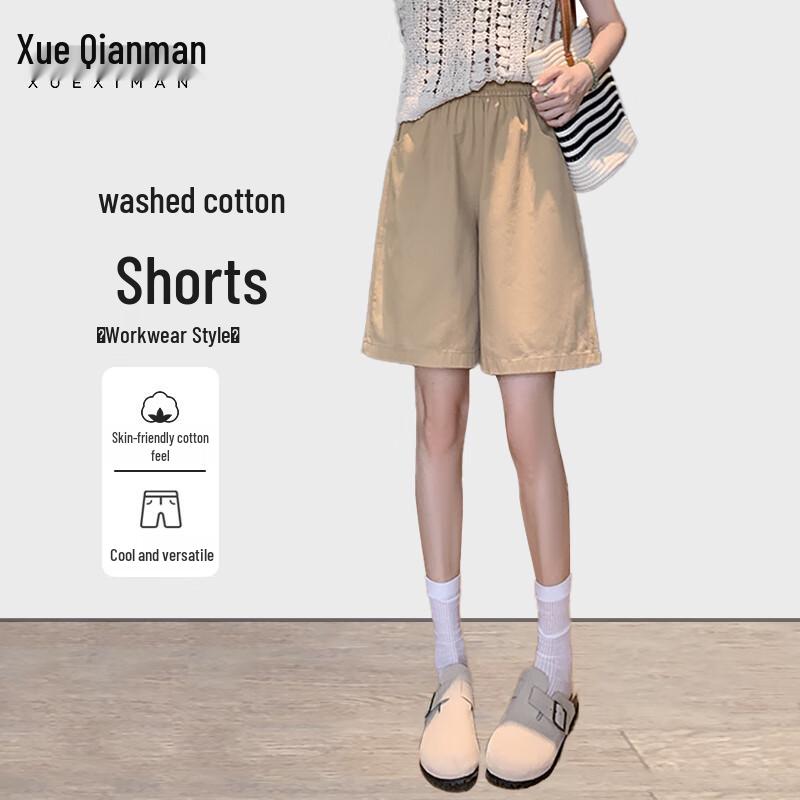Women s 2025 Summer Washed Cotton High-Waist Cargo Shorts M хаки