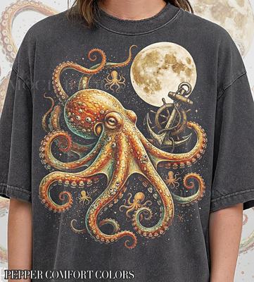 Vintage Octopus 90s Graphic Style Comfort Colors® Tshirt, Retro Cephalopod Faded Tee, Ocean Lover Y2k Streetwear, Nautical Moon Anchor Gift