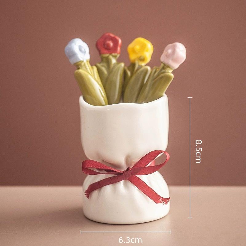

Creative and Cute Flowers Tulip Stainless Steel Fruit Fork Cutlery Fork Cartoon Bouquet Storage Set Food Decoration