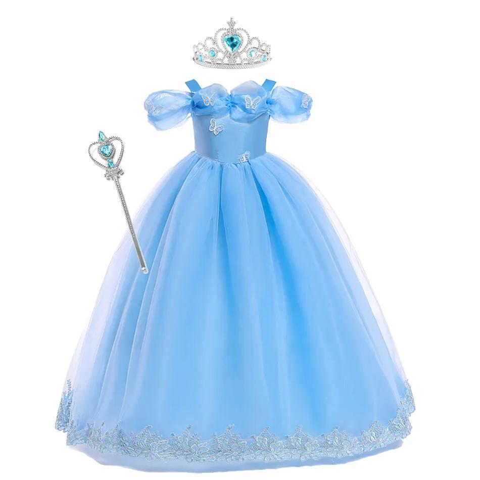 Girls New Year Blue Long Dress for Kids Christmas Birthday Party Dresses Butterfly Cinderella Cosplay Costumes Chidren Outfits