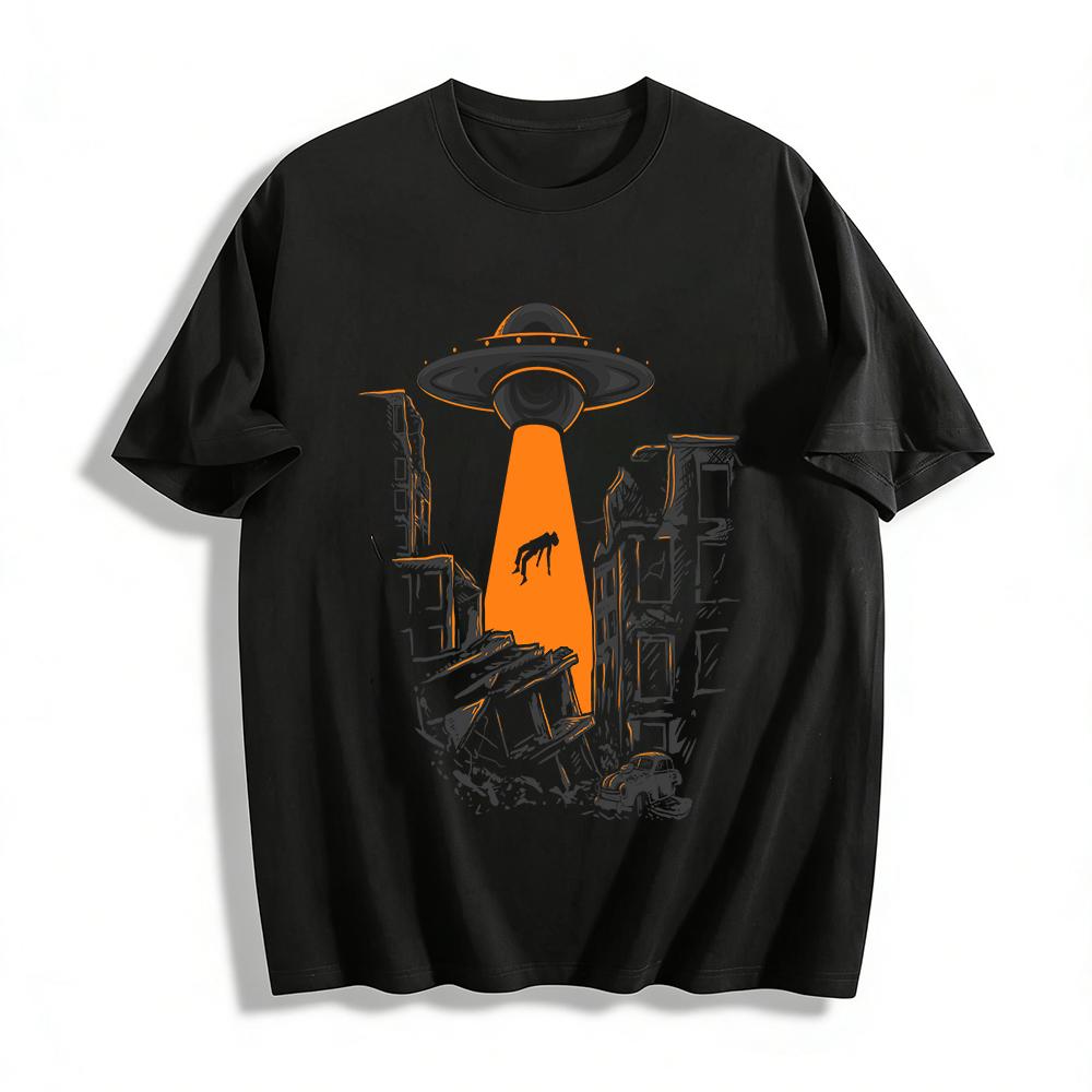 Alien UFO Abduction Human Ruins Scene Cool Print Top Pure cotton T-shirt XXS