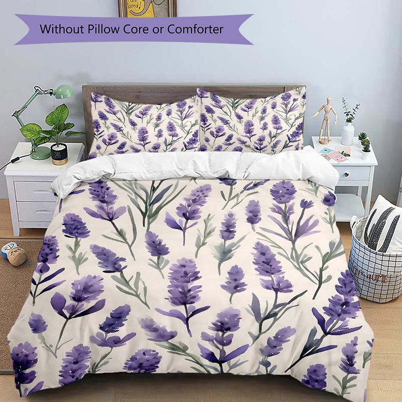 3pcs Lavender Flowers Quilt Set Cartoon Themed Bed Quilt Set Lovely Character Bedroom Decor Bed Quilt Set Four Seasons (1 Cover + 2Pillowcase NO