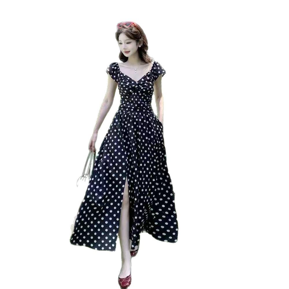 Korean sweet high-end polka dot dress for women's summer new pleated waist and thin temperament long skirt