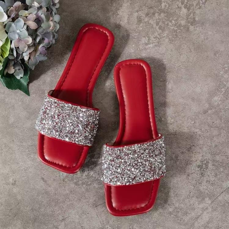 2025 summer new sequined flat bottom soft bottom comfortable casual women's slippers foreign trade large size 36-43