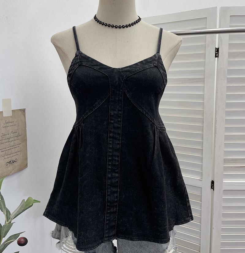 

Vintage Denim Sleeveless Overalls Vest with Elastic Shirring One Size