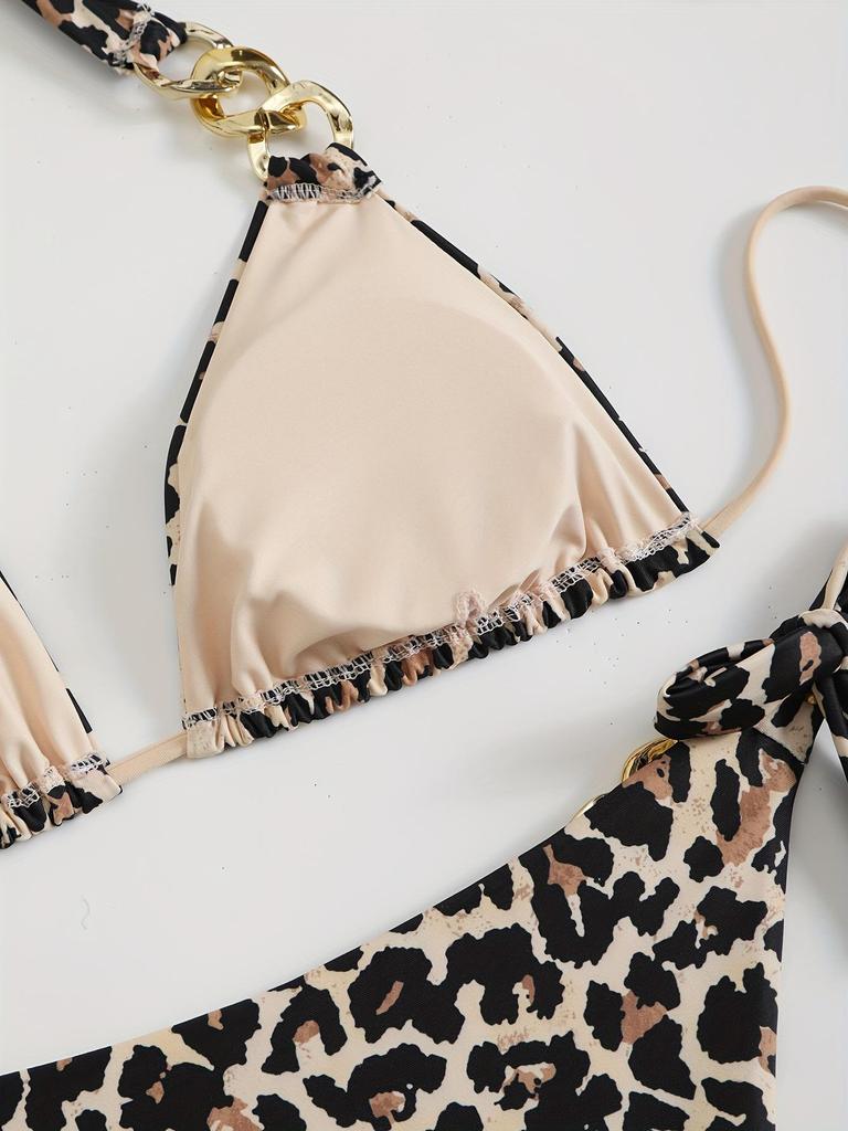 2025 Halter Leopard Print Triangle Bikini - European & American Style
