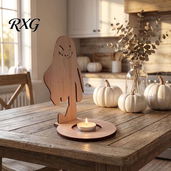 Halloween Candle Holder Wooden Holder, Silhouette Ghost/Bat/Scarecrow/Bat Table Centerpiece Tealight for Home Fireplace Decor Solid Wood Stand