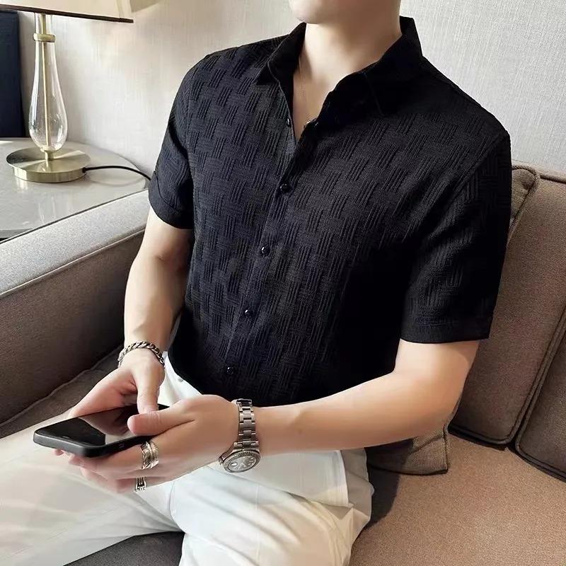 Men's White Textured Short Sleeve Shirt Turn-Down Collar Button Down Blouse Casual Business Summer Top