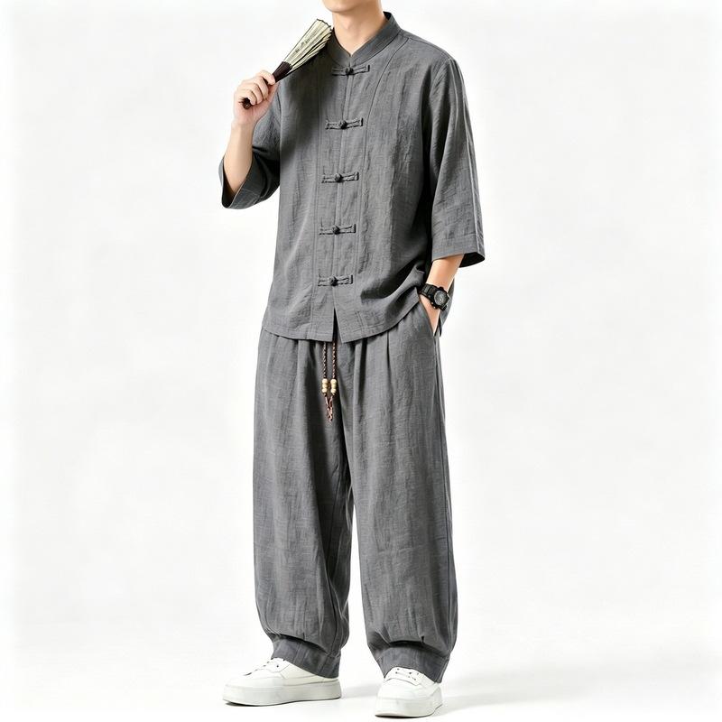 Men Chinese Style Retro Stand Collar Shirt And Pants Casual Two Piece Set