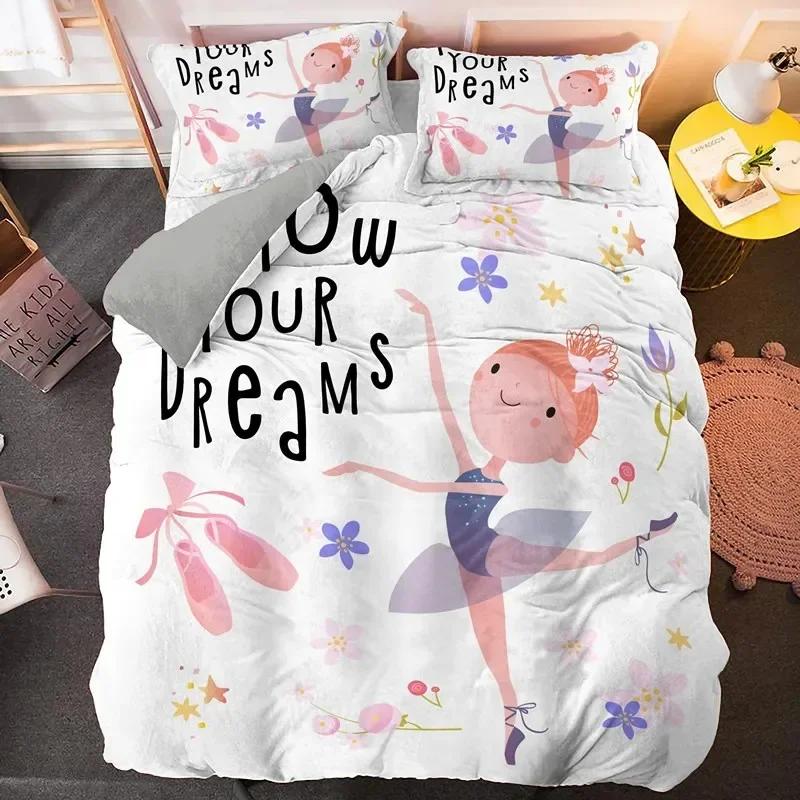 Ballet Dancer Girl Cartoon Dancing Comfortable Duvet Quilt Cover Pillowcase Bedding Set Children Bedroom Decoration Home Textile