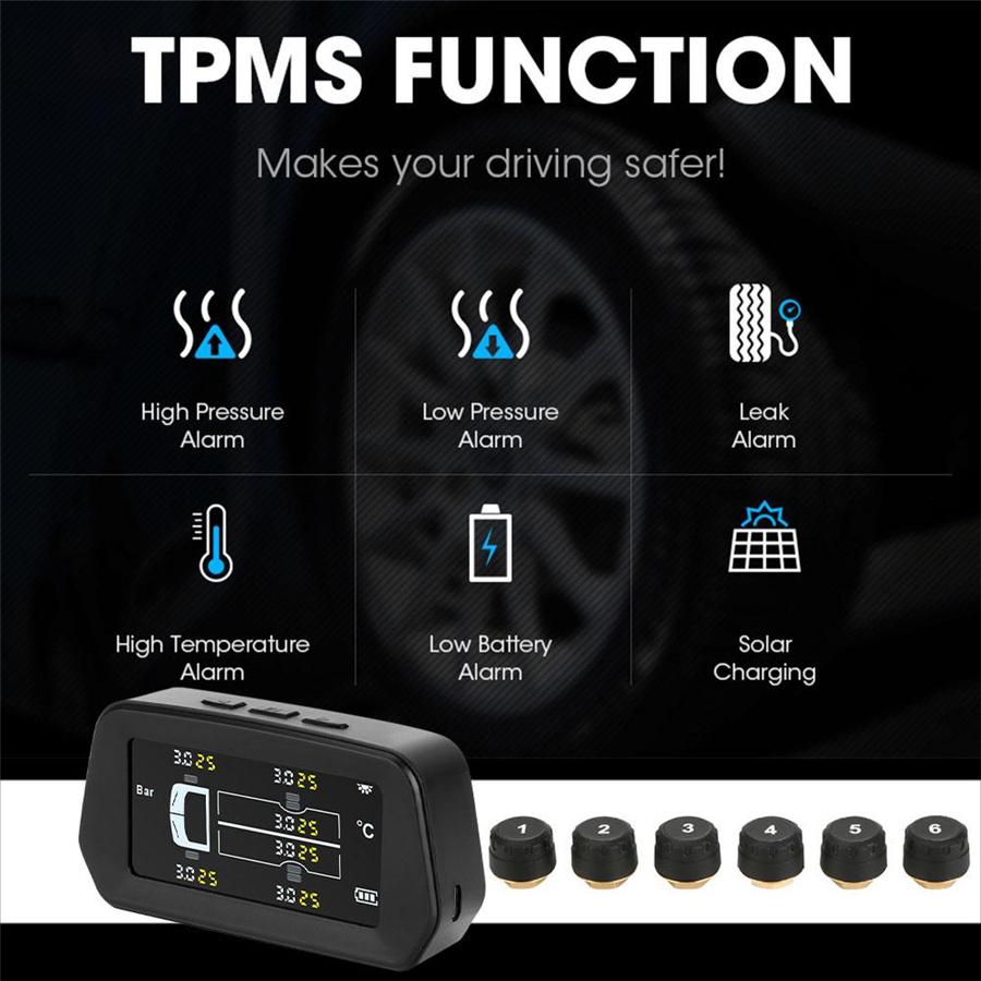 13Bar Car TPMS Tyre Pressure System Solar Power LCD Display+ 6 External Sensors Beep Alert
