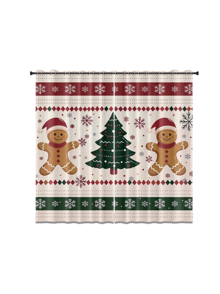 

Set Of 2 Christmas Gingerbread Print Perforated Curtains Multiple Sizes Living Room Bedroom Holiday Insulation Decoration Curtain Blackout For Area W100*H70(CM)-Hooks&1PCS