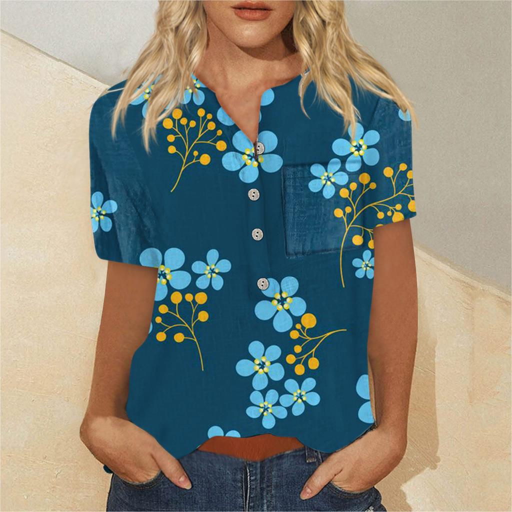 Damenmode-Hemd mit bedrucktem Muster, Knopfleiste und Brusttasche, kurzärmelig