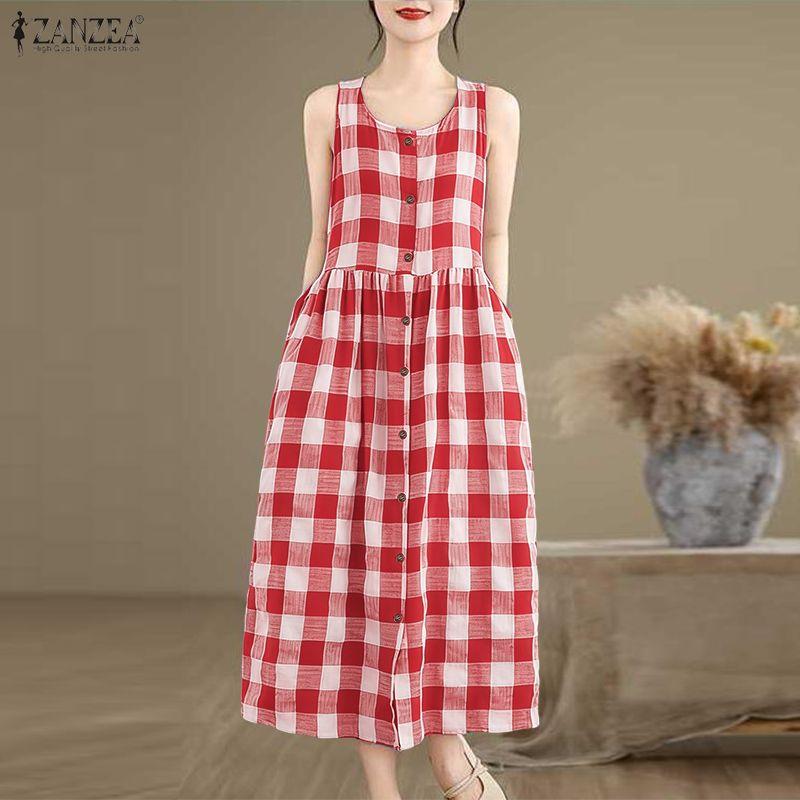 ZANZEA Women Grid Print Loose Casual Sleeveless Dress