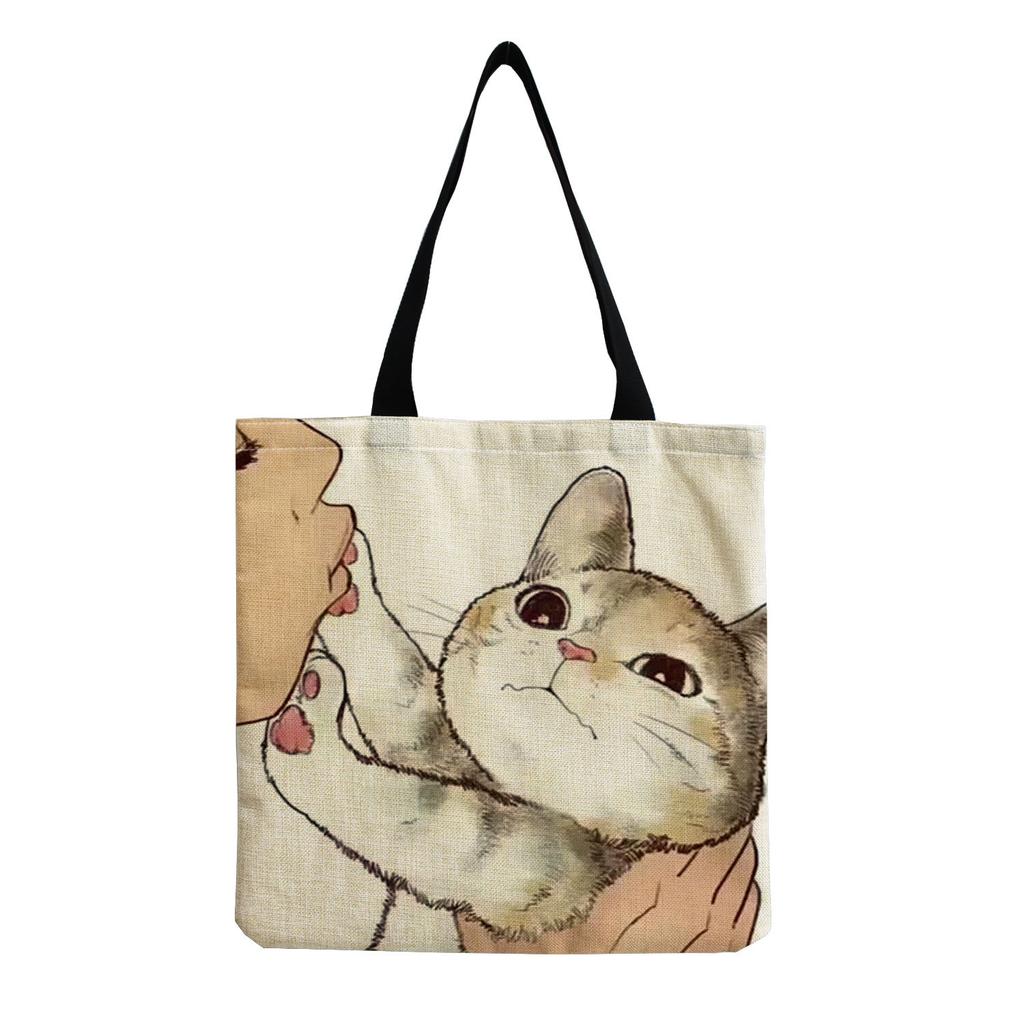 Damen Vintage Leinen-Tragetasche - Große Kapazität Katzen-Print Schulter-Handtasche für Freizeit & Lebensmitteleinkauf KTB
