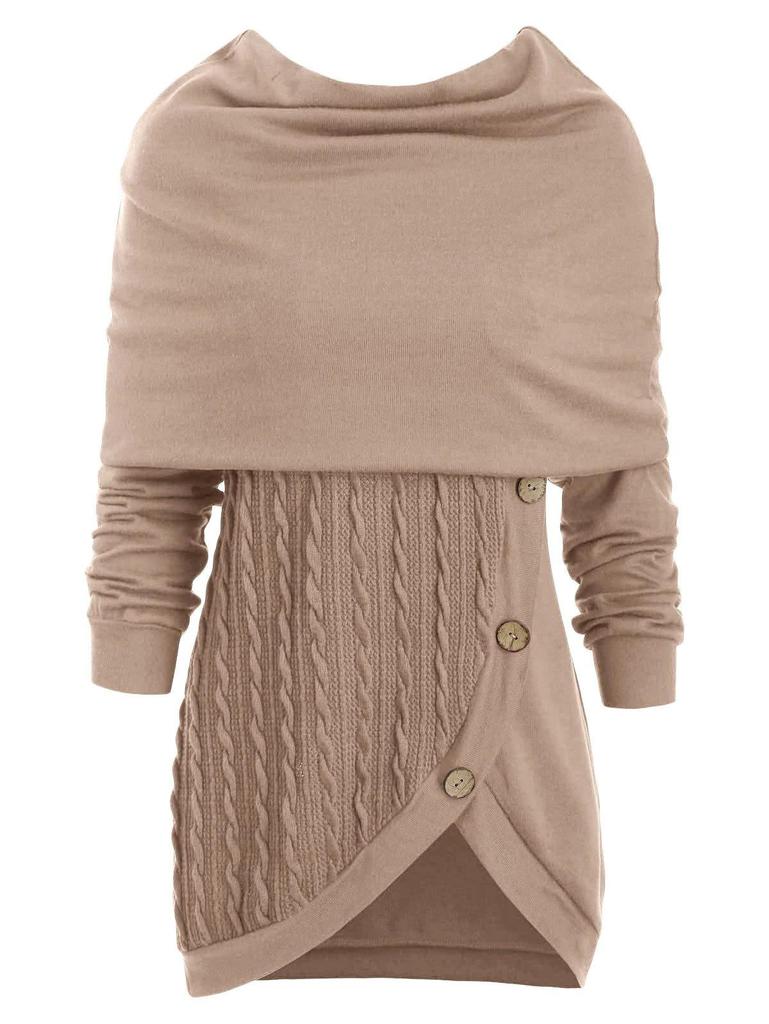 Women's Plus Size High Neck Hooded Knit Sweater with Button Detail