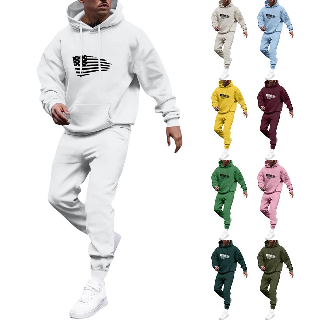 Men's Solid Color Flag Print Hooded Universal Versatile Hooded Sweatshirt Sweatpants Casual Sports Suit