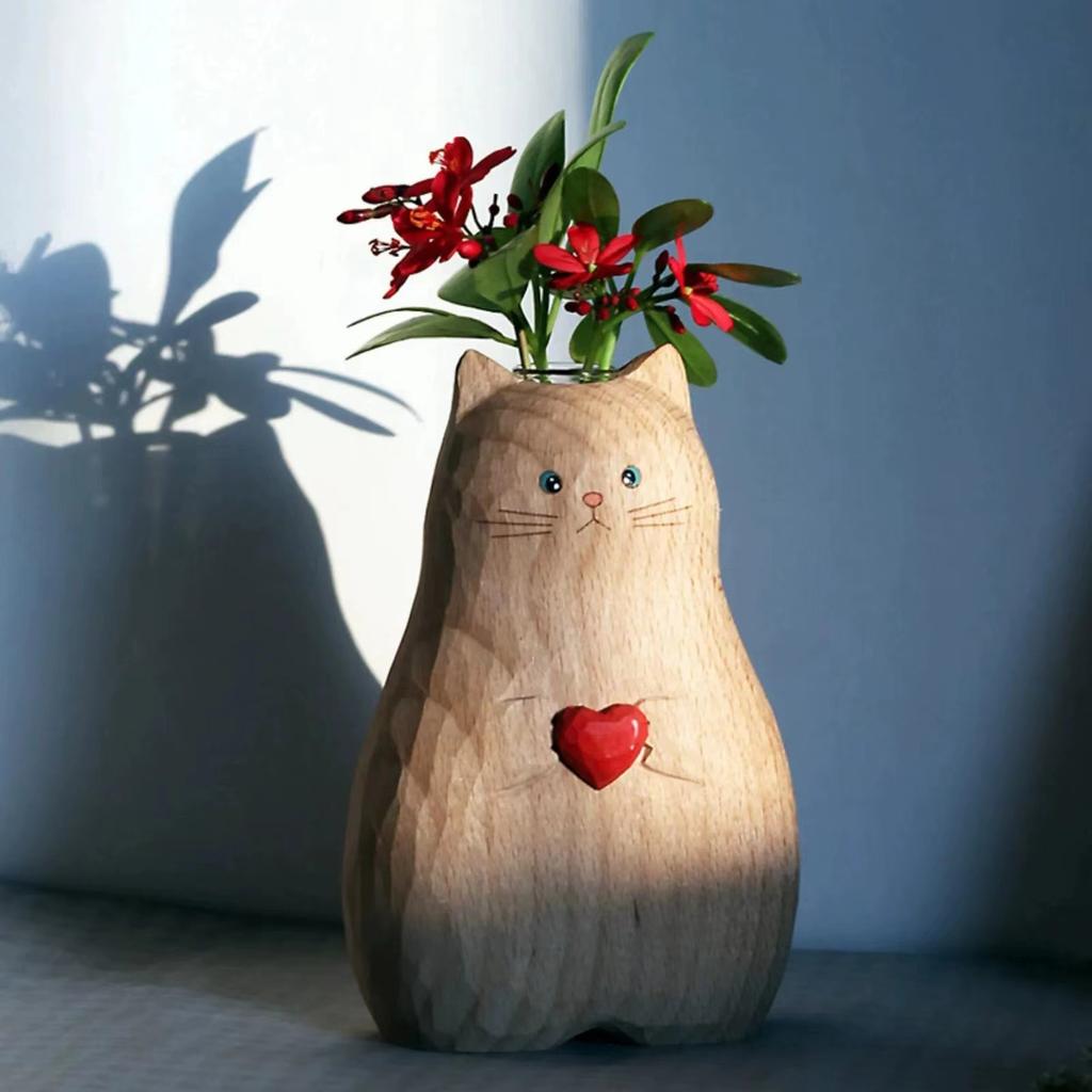 Cat Vase Handmade Vase, Home Decor Small Vases Cat Statue Holding Heart Shaped,Modern Creative Cat Decor