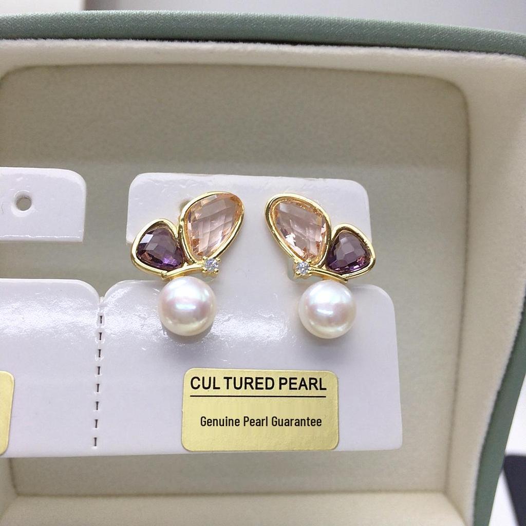 Zhuji Freshwater Pearl Studs with Zircon Butterfly Design