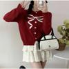 New Solid Color Sweet Age-reducing Bow Round Neck Jacquard Sweater Knitted Sweater Cardigan Jacket Women