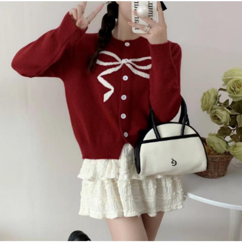 New Solid Color Sweet Age-reducing Bow Round Neck Jacquard Sweater Knitted Sweater Cardigan Jacket Women