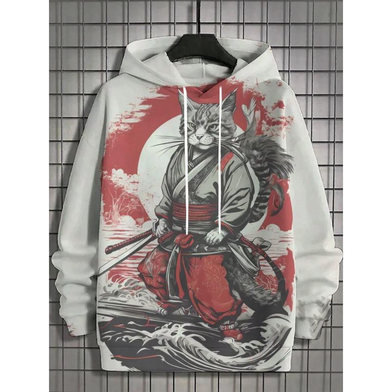 Japanese Samurai Cat Hoodie For Men Autumn And Winter Fashion Hoodie Casual Men's Long Sleeved T-Shirt Oversized Streetwear 5xl