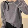 Autumn and winter new bow bead knitted sweater women's versatile solid color pullover soft waxy sweater top women