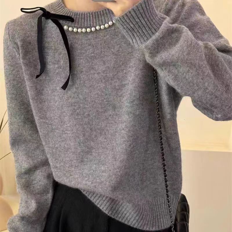 Autumn and winter new bow bead knitted sweater women's versatile solid color pullover soft waxy sweater top women